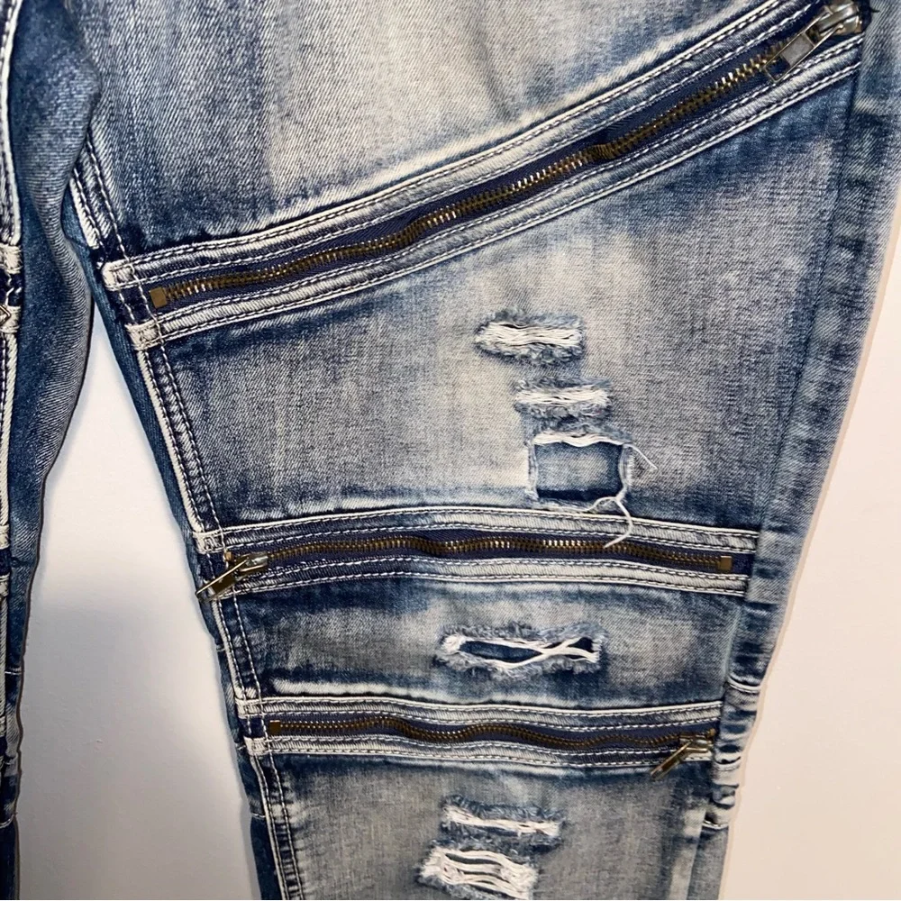 Smoke Rise Vintage Denim Jeans Mens 38X32 Distressed Moto Biker Zippers Y2K